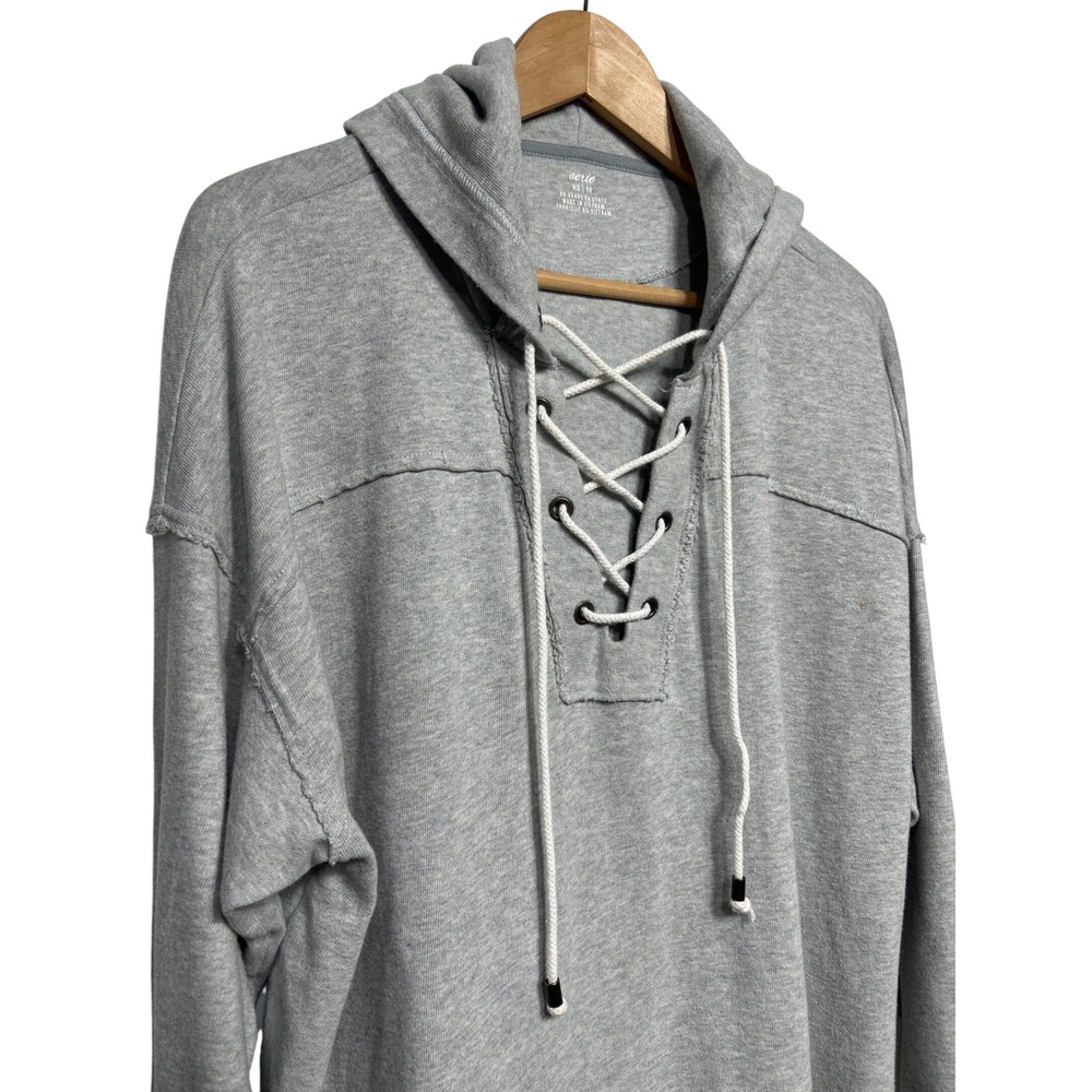 Aerie Oversized Lace Up Raw Hem Hoodie Sweatshirt‎ Gray Women's Sz XS Loungewear